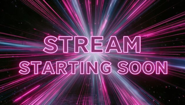 Neon streaming announcement with colorful light beams