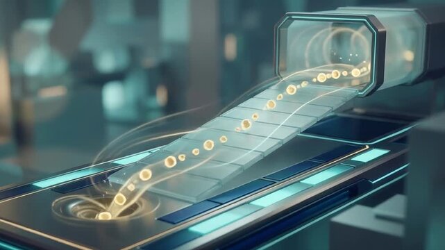 Futuristic digital flow with energy particles streaming through a transparent conduit in a high-tech environment