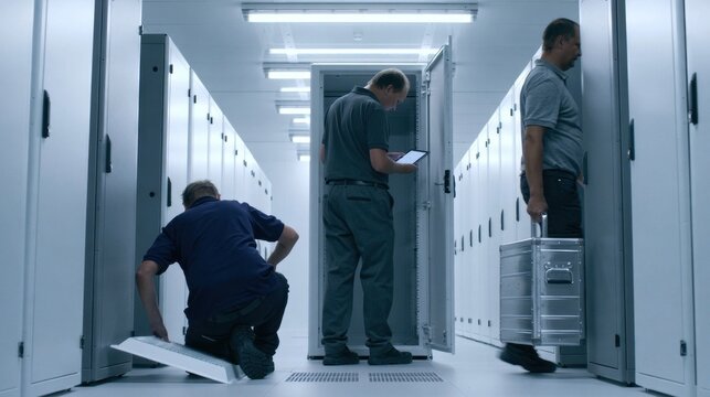 Three technicians maintaining servers in a data center hallway