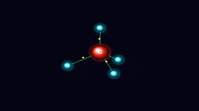 Glowing methane chemical molecule structure animation with carbon and hydrogen atoms with electron dots against a dark background motion graphic loop