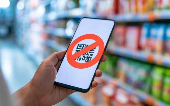 Expired Product Label with QR Code Displayed on Smartphone in Grocery Store Environment
