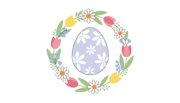 Lavender Easter egg decorated with white floral patterns, enclosed in a beautiful circular wreath of spring flowers.