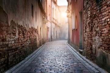 Obraz premium Serene Passage Through an Atmospheric Old Town Street with Textured Walls and Warm Light