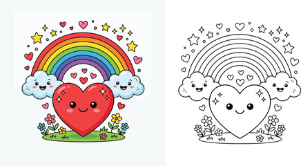Obraz premium Cute cartoon heart character with a smiling face, vector illustration including color and black and white line art versions for coloring book activity page.