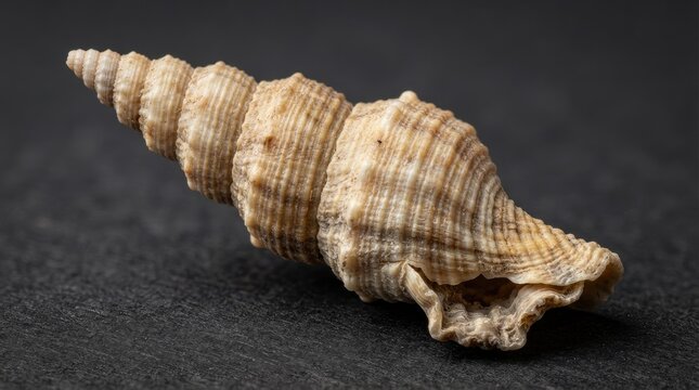 Close-up of a textured spiral sea shell on a dark slate background