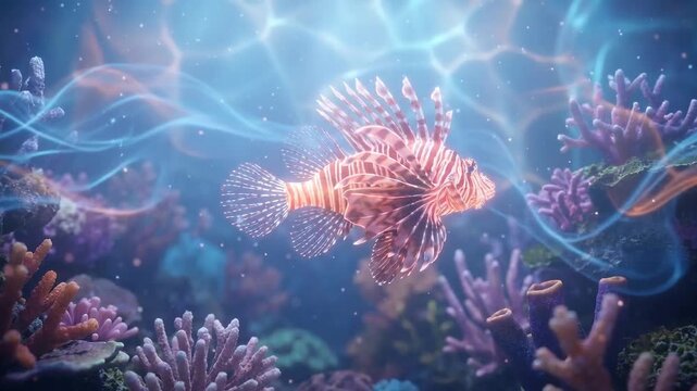 A vibrant underwater scene featuring a colorful lionfish swimming gracefully among coral reef