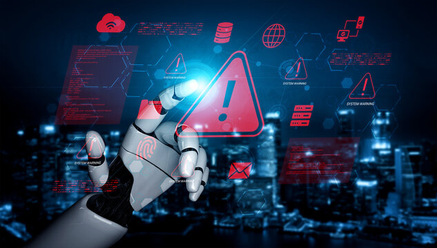 A futuristic robot hand reaching out to interact with holographic warning symbols on a digital interface, set against a vibrant modern city backdrop at night. Cyphers