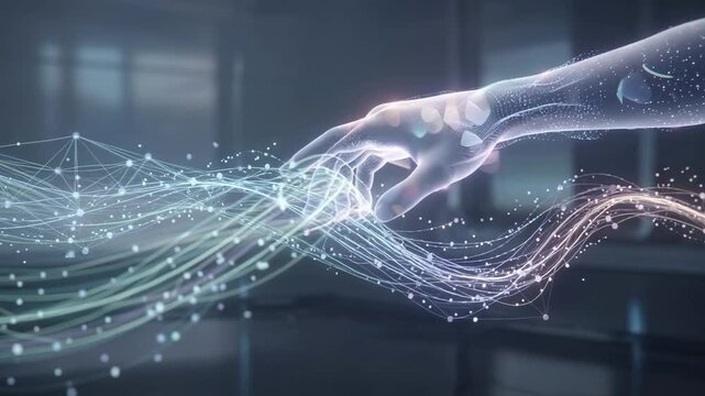 Futuristic hand reaching out towards digital data streams with glowing particles in a modern space