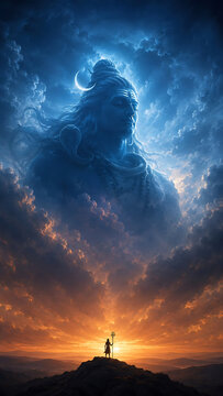 Mystical Lord Shiva Meditating in Cosmic Blue Clouds Above a Lone Figure at Glowing Sunset Horizon
