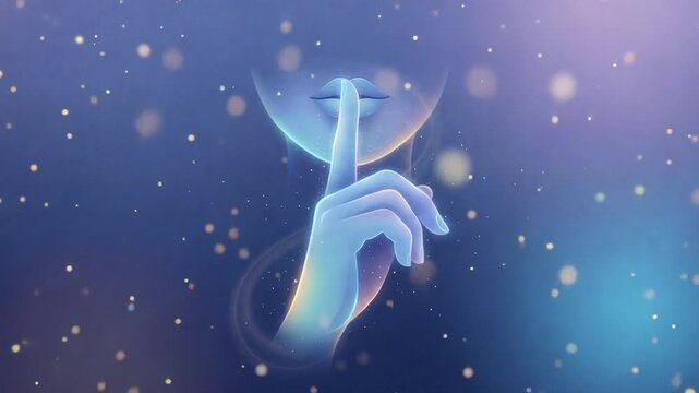 A serene visual of a shimmering hand signaling silence with soft glows in the background, creating a peaceful ambiance