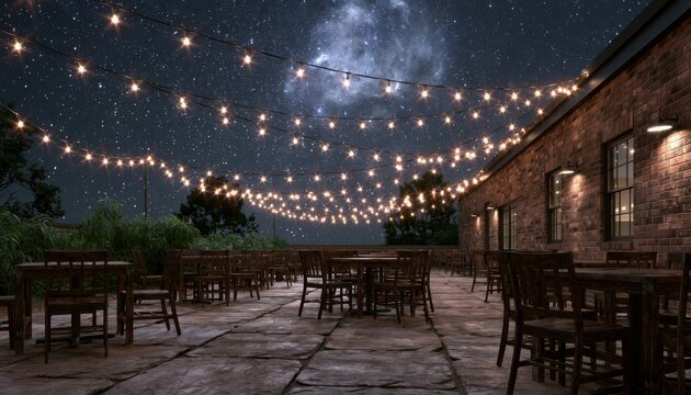 Outdoor dining patio with wooden tables and chairs under string lights at night