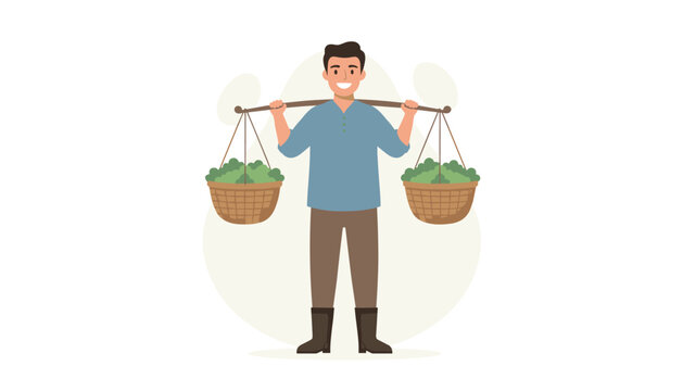 Asian farmer standing proud while carrying two heavy woven baskets filled with green vegetables on a wooden shoulder yoke.