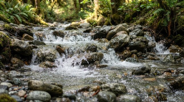 Scenic view of a clear mountain stream flowing through a lush green forest