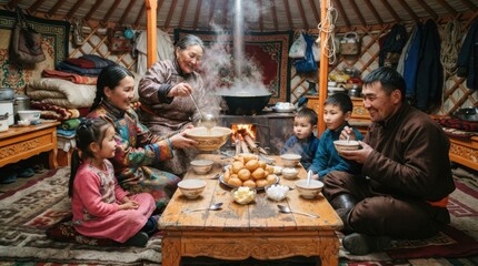 Obraz premium Mongolian family shares a warm meal inside a traditional yurt during winter