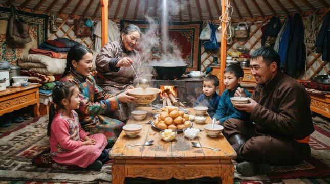 Mongolian family shares a warm meal inside a traditional yurt during winter