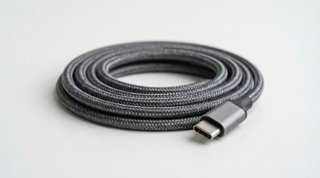 Durable braided grey USB-C charging and data cable coiled on white background