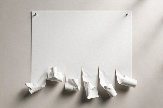 Blank white tear-off paper flyer mockup pinned on a neutral wall with curled paper tabs for advertising copy space