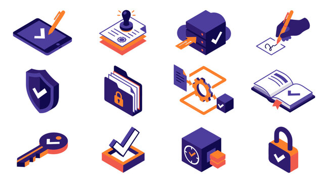 Dynamic Isometric Icons Set Showing Digital Security Compliance and Document Management in Purple and Orange