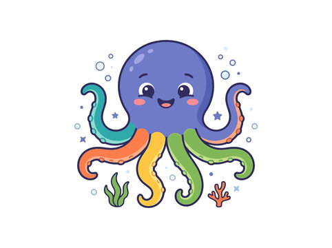 Colorful Cartoon Octopus with Smiling Face.