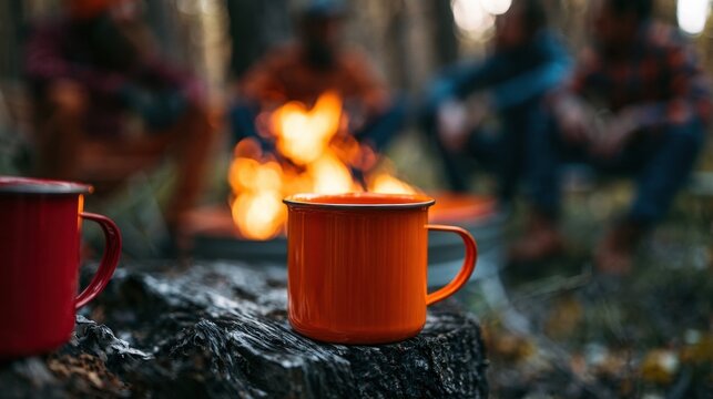 Vibrant orange camping mug sits on a charred log with a campfire and friends in the blurred