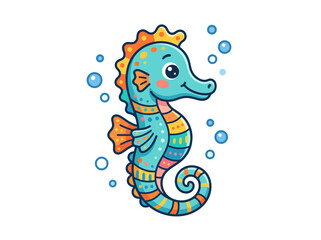 Obraz premium Colorful Cartoon Seahorse with Bubbles.