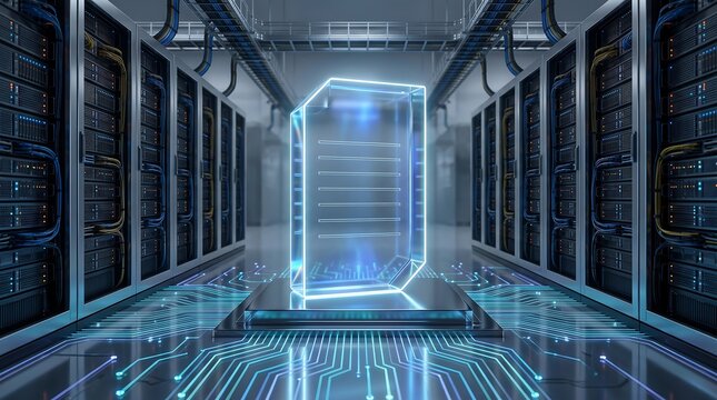 Glowing glass document file icon floating in center of modern high tech server room aisle representing digital data storage cloud computing security and information technology infrastructure