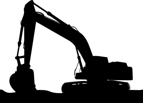 Black Silhouette of a Heavy Duty Excavator Machine on a Construction Site Vector Illustration