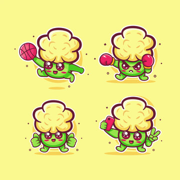 kawaii cauliflower characters illustration set featuring basketball dunk, boxing sport, thumb up pose, and taking a selfie.