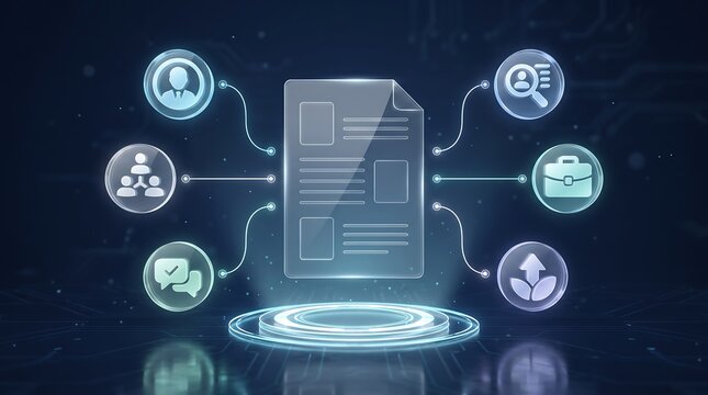 Digital document icon connected to various business and human resources management icons illustrating integrated organizational workflows and professional corporate data systems
