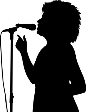 Black and White Vector Silhouette of a Female Singer with Curly Hair Performing into a Microphone on a Stand