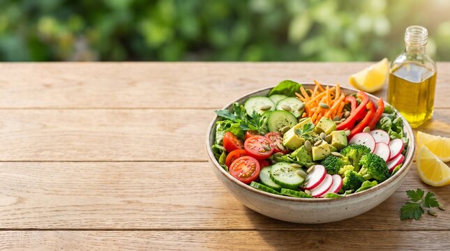 Vibrant organic salad with fresh vegetables, avocado, seeds, lemon, and olive oil on a rustic wooden table, ideal for healthy eating and clean food concepts.