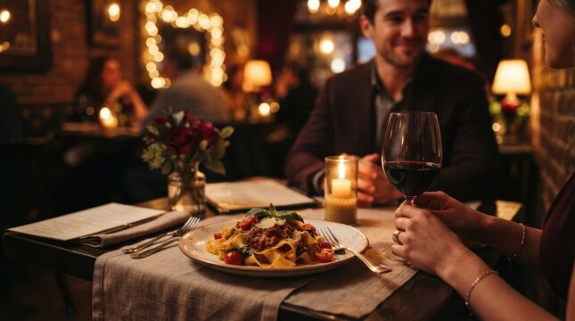 Romantic dinner date with pasta and red wine in a cozy restaurant setting
