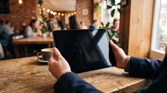 Person holding black tablet computer with blank screen at wooden table in cozy coffee shop cafe, remote work lifestyle, digital nomad, reading news or browsing internet in relaxed