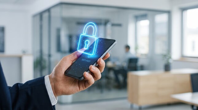 Hand holding smartphone displaying glowing blue neon padlock icon representing cyber security, data protection, privacy, and encryption technology in modern office environment