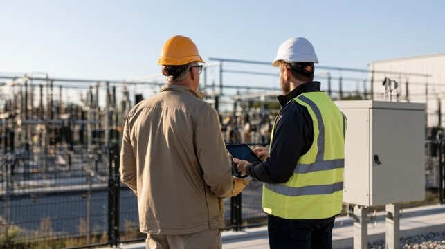 Professional electrical engineers conducting operation at a power station, collaborating on a tablet outdoors