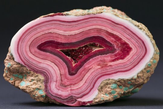 Polished rhodochrosite slice with concentric pink and white bands and a dark red crystalline center