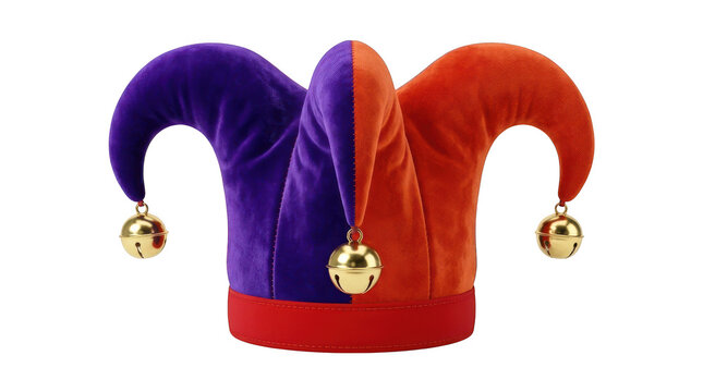 A colorful jester hat with three points and golden bells attached to the tips, made of soft velvet fabric, isolated on transparent background