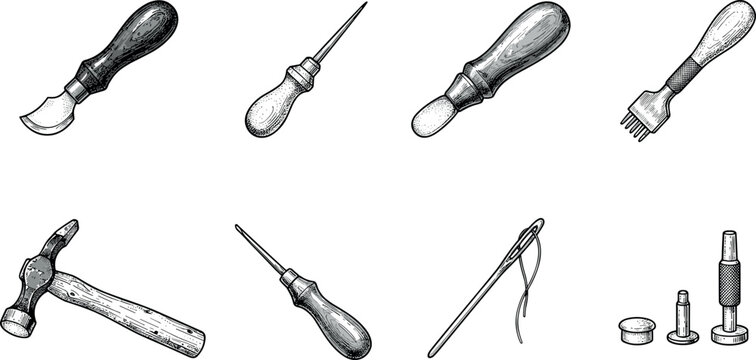 Vintage Leathercraft Tool Element Set with Antique Awl Hammer Needle Thread Leather Skiver and Stitching Punch Sketch Vector Illustration