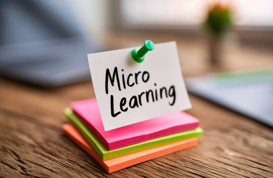 Stack of colorful sticky notes with a green pushpin and handwritten 'micro learning' text