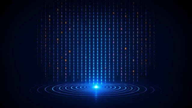 Futuristic binary code data stream illuminating concentric circles in dark cyberspace environment