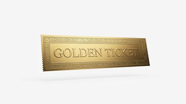 Golden ticket with embossed text, luxury gold foil voucher on white background, elegant metallic admission pass for events