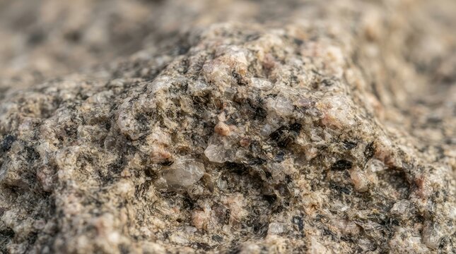 Close-up macro of raw granite rock surface with crystalline quartz mineral details