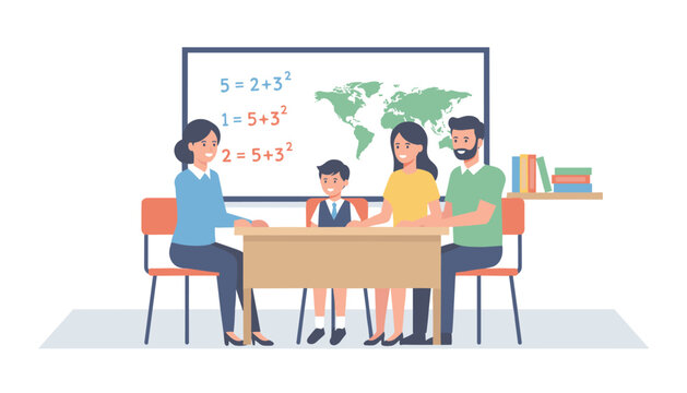 Teacher discussing progress with parents and their young son sitting at a classroom desk with math formulas on the board.