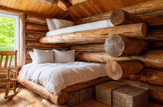 Rustic log cabin bedroom with bunk beds made of natural timber and white bedding in a cozy wooden interior