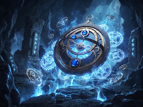 Magical floating astrolabe with glowing blue energy and gears