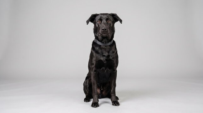 A cute black dog sitting and looking at the camera