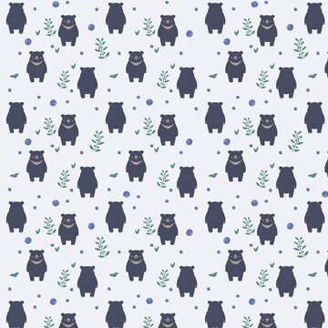 Cute Bear and Botanical Seamless Pattern with Blue Berries...