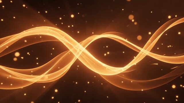 abstract glowing golden wave ribbon with sparkling particles motion dark background