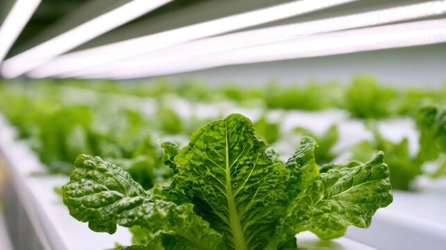 Vibrant green lettuce growing under indoor led lights in hydroponic system