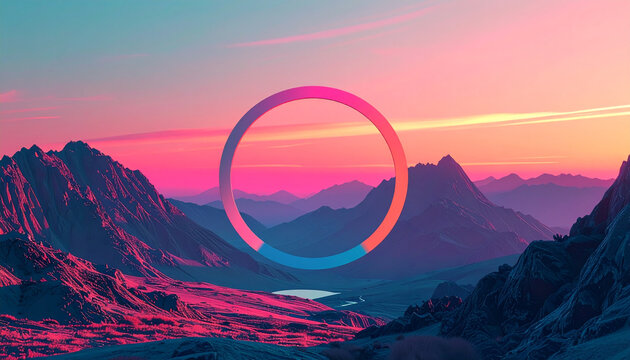 Surreal mountain landscape at dusk featuring a vibrant glowing ring over rugged peaks with pink and blue sunset sky